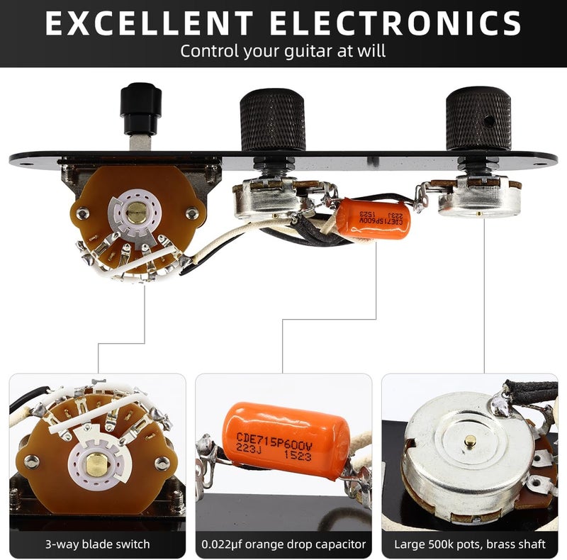 Domofa Loaded Guitar Control Plate for Telecaster Electric Guitar Prewired 3 Way Switch 500K Potentiometers Tone Volume Knob with Wiring Harness (Black) - Image 5